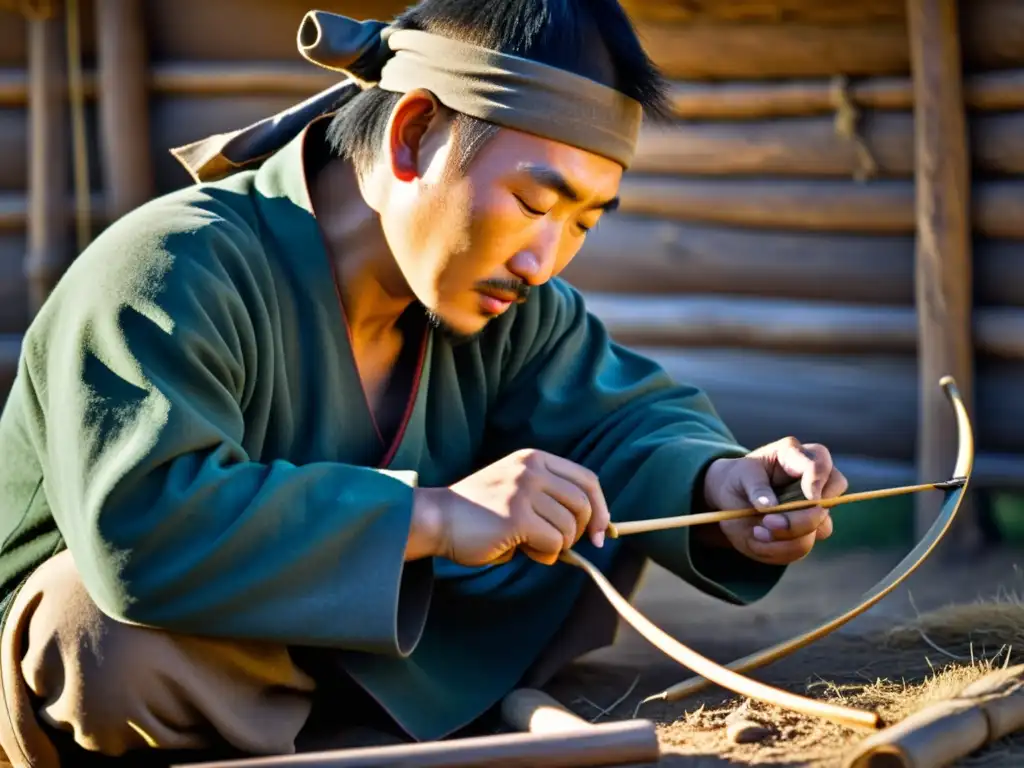 Un hábil nómada mongol elabora un arco tradicional con técnicas nómadas del Imperio Mongol, iluminado por la cálida luz del atardecer en la estepa