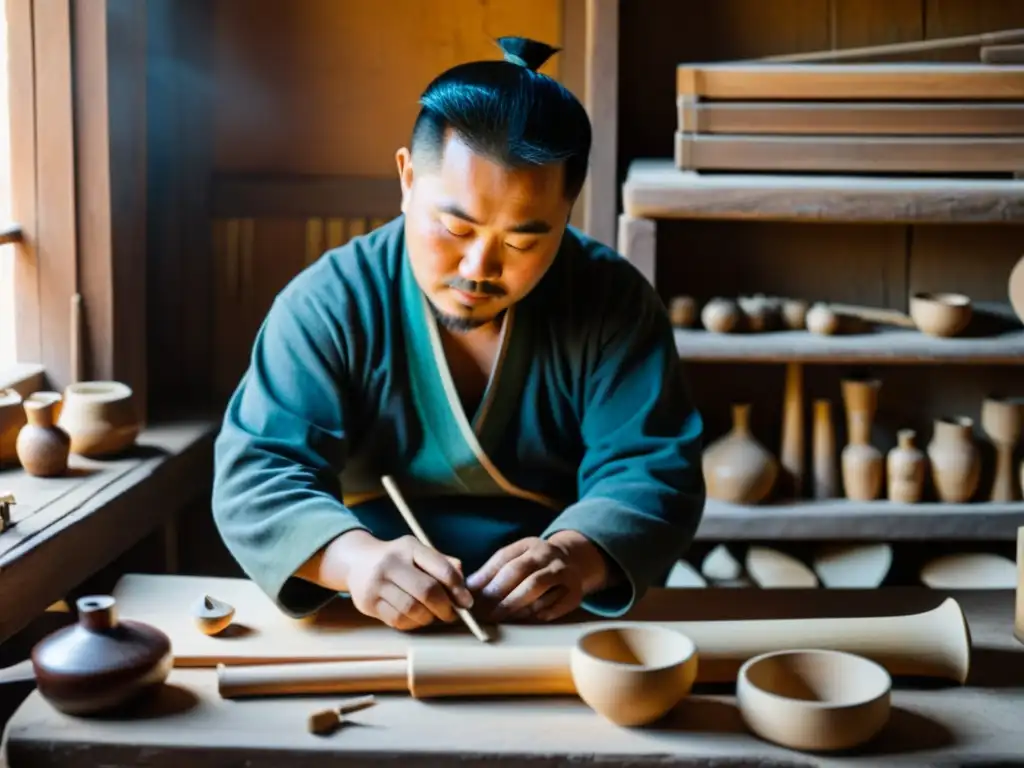 Un hábil artesano en Mongolia crea con esmero un instrumento musical tradicional a mano, rodeado de herramientas y materiales, con luz natural que baña cálidamente el taller