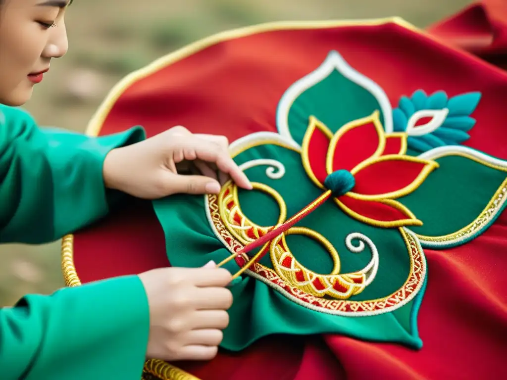 Un hábil artesano cosiendo a mano una vestimenta mongola con simbolismo y materiales tradicionales