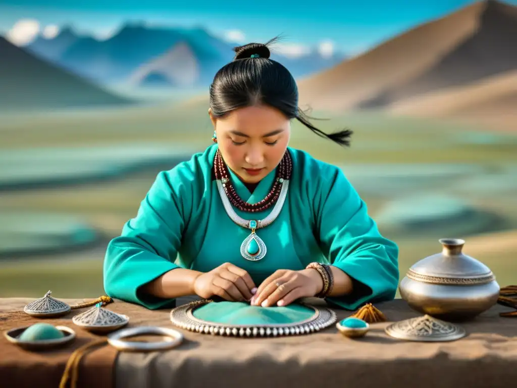 Un hábil artesano mongol crea un collar de plata y turquesa, reflejando el significado y el arte de las joyerías mongolas en la estepa