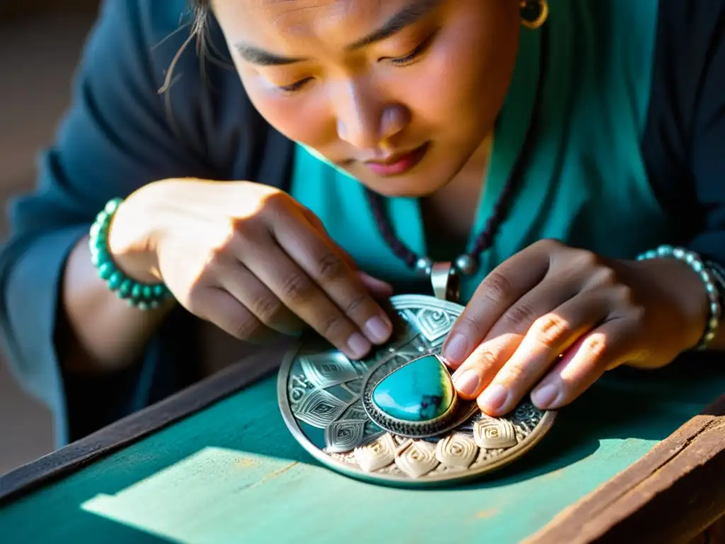 Un hábil artesano mongol confecciona un collar de plata y turquesa en su taller, bañado por la cálida luz del sol