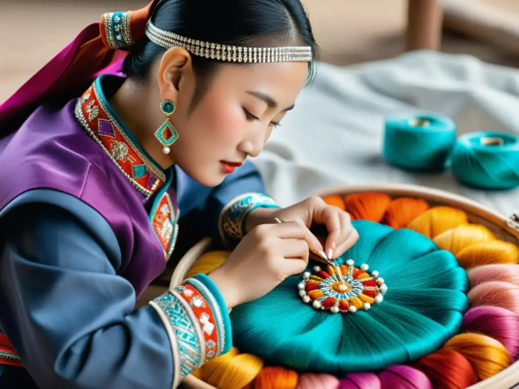 Un hábil artesano mongol borda con delicadeza un patrón tradicional en lujosa tela, mostrando lujo contemporáneo y tradición