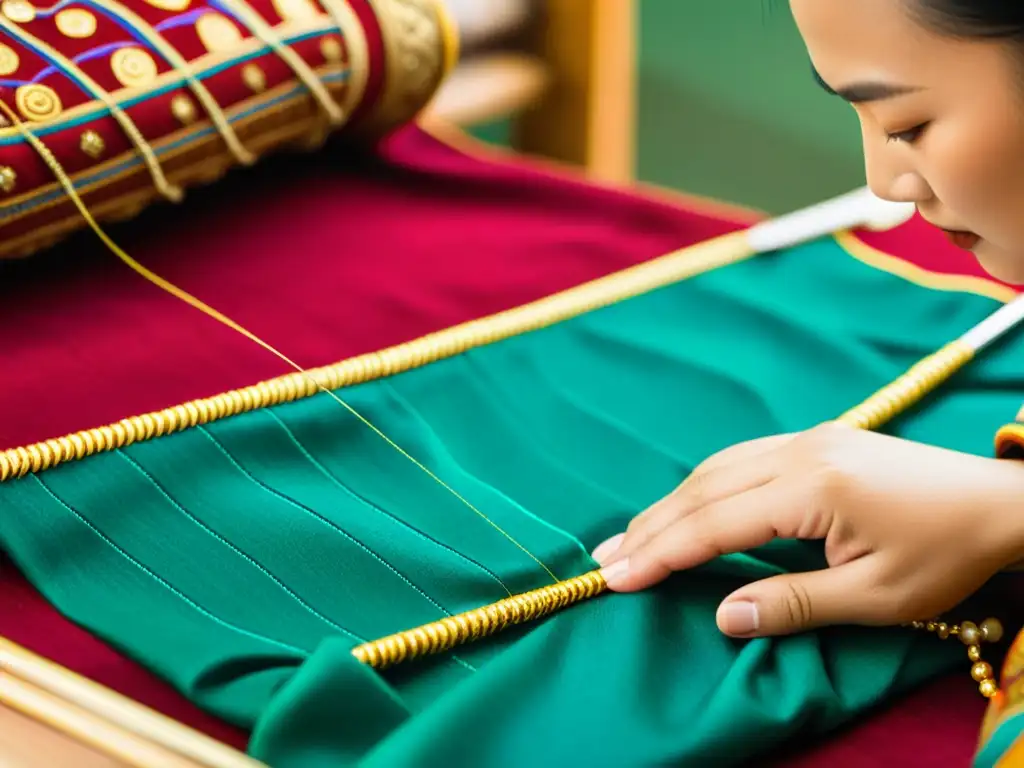 Un hábil artesano mongol borda con delicadeza un textil tradicional resaltando patrones y colores vibrantes