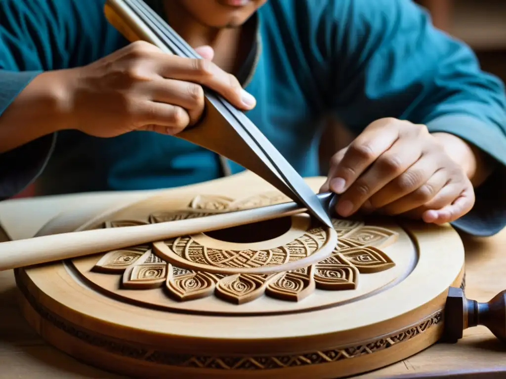 Un hábil artesano mongol talla delicados diseños en un Morin khuur, instrumento musical tradicional, con precisión milimétrica