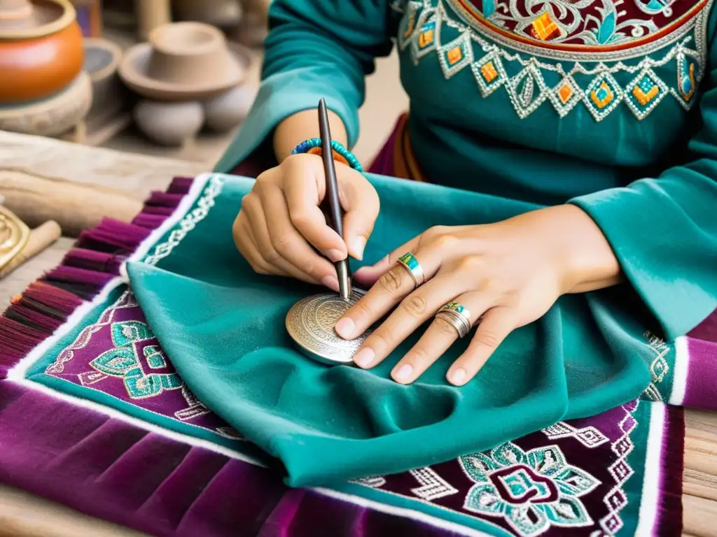 Un hábil artesano mongol crea un diseño tradicional en un textil vibrante, mostrando la fusión entre diseño moderno y artesanía mongola