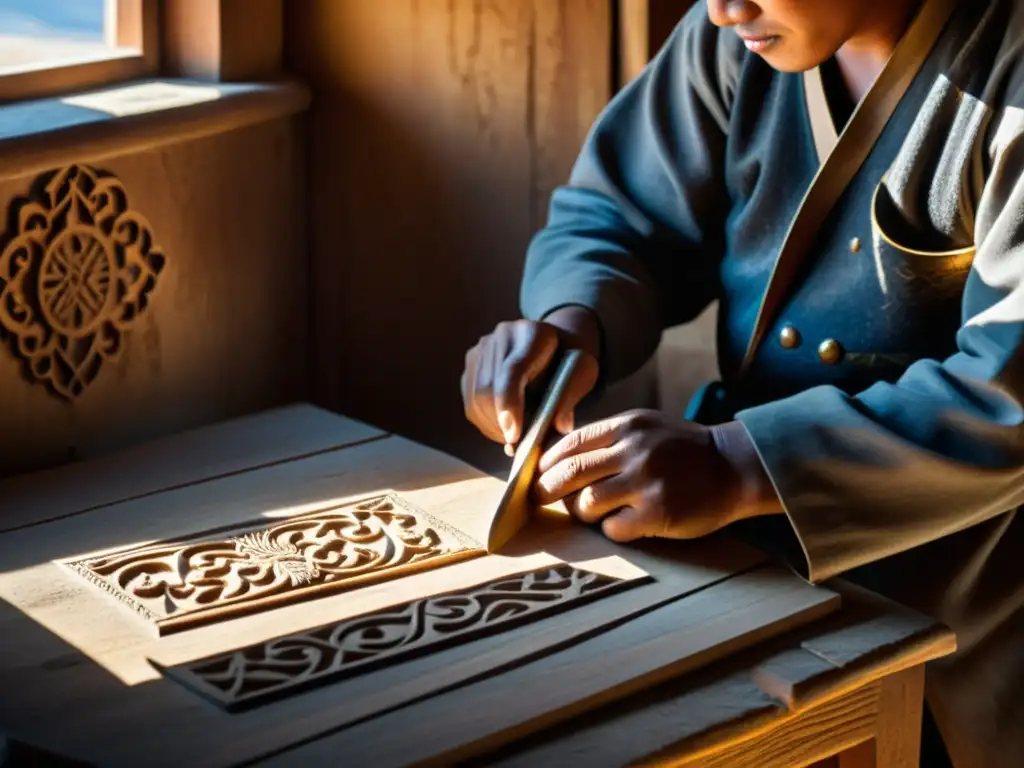 Un hábil artesano mongol talla una herramienta tradicional nómada en madera, con luz de tarde y sombras dramáticas