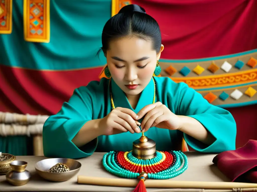 Un hábil artesano mongol crea una joya tradicional rodeado de coloridos textiles y elementos artesanales