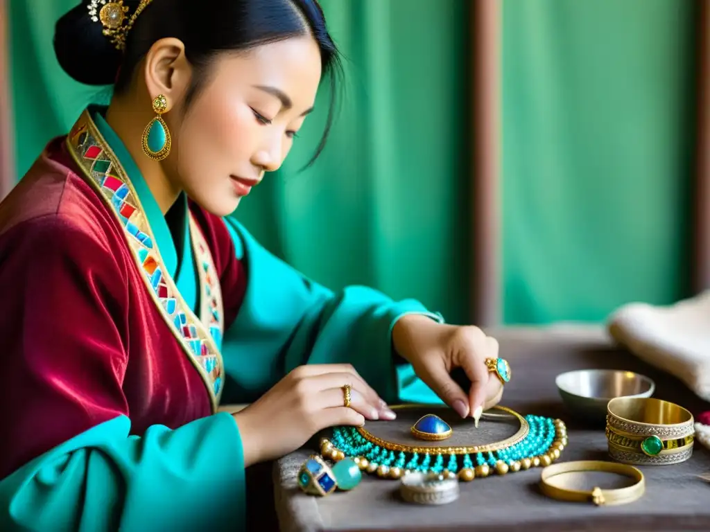 Un hábil artesano mongol crea joyería contemporánea con técnicas tradicionales, rodeado de vibrante mercado y artesanías