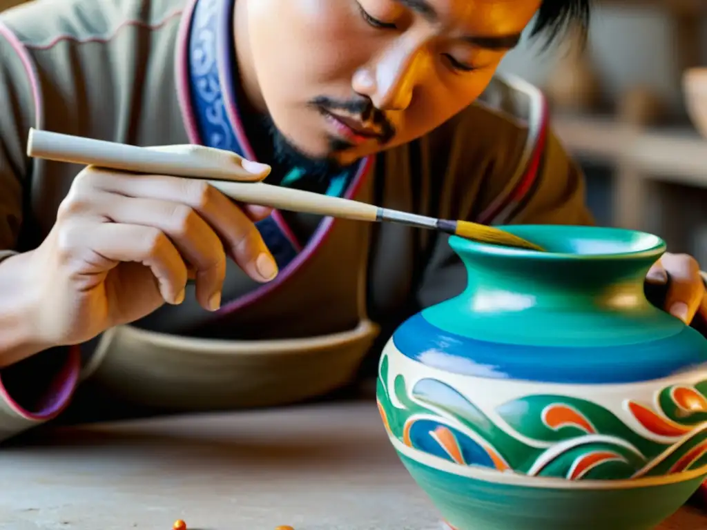 Un hábil artista de cerámica mongol da forma y pinta con cuidado un jarrón tradicional, mostrando la técnica exquisita de la cerámica mongola