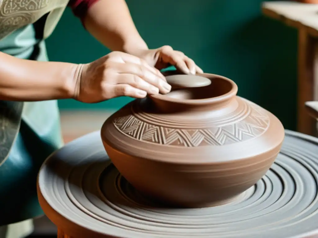 Un hábil artista de cerámica mongol da forma a una exquisita vasija de barro en un torno, mostrando la belleza y maestría de la cerámica mongola