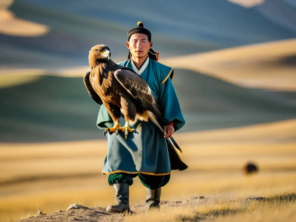 Un hábil cetrero mongol sostiene con orgullo a su majestuoso águila dorada en la vasta estepa, mostrando la tradición cultural de la cetrería mongola