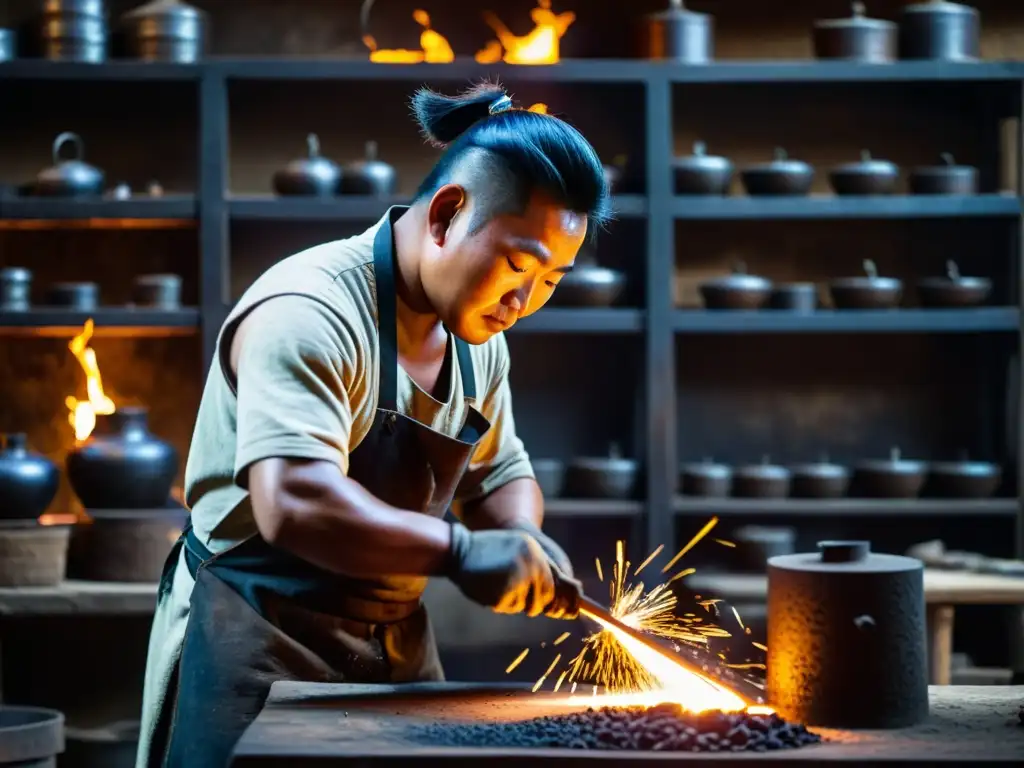 Un hábil herrero mongol moldea hierro en su taller, con ambiente dramático