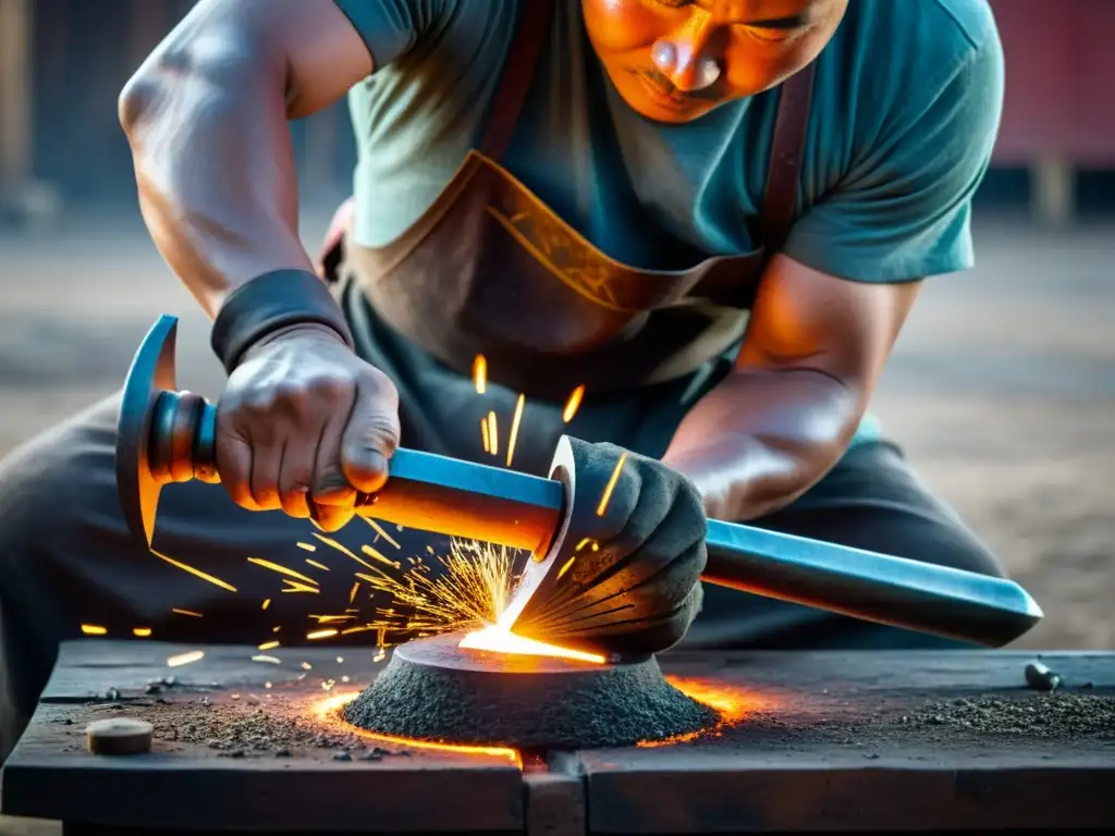 Forjando una espada: experto herrero mongol moldeando metal al rojo vivo Un hábil herrero moldea metal fundido en una espada, con chispas y un intenso calor