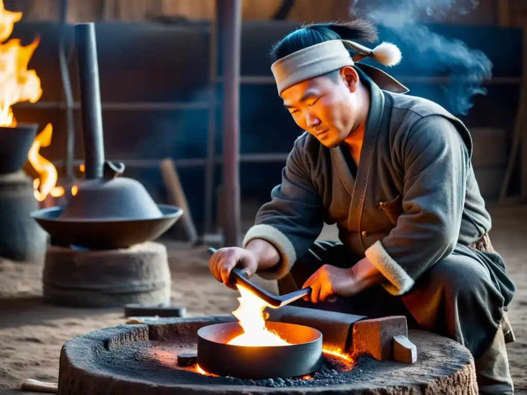 Un hábil herrero mongol, vistiendo atuendo tradicional, forja con precisión y destreza