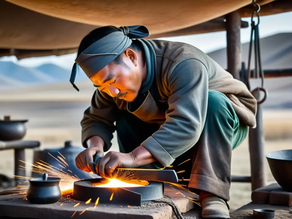 Un hábil herrero mongol desarrollando la metalurgia mongol en paisajes ventosos, con luz dorada y chispas brillantes