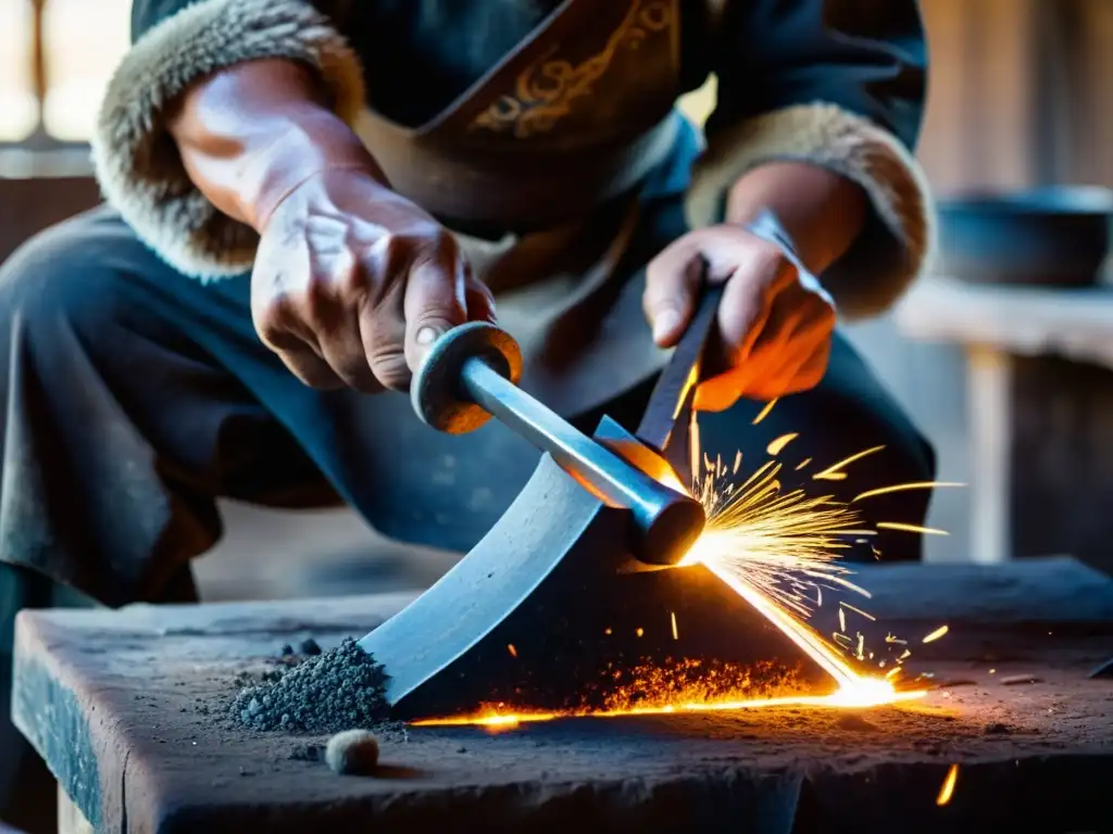 Un hábil herrero mongol forja con precisión una espada tradicional, iluminando su taller con chispas de la fragua