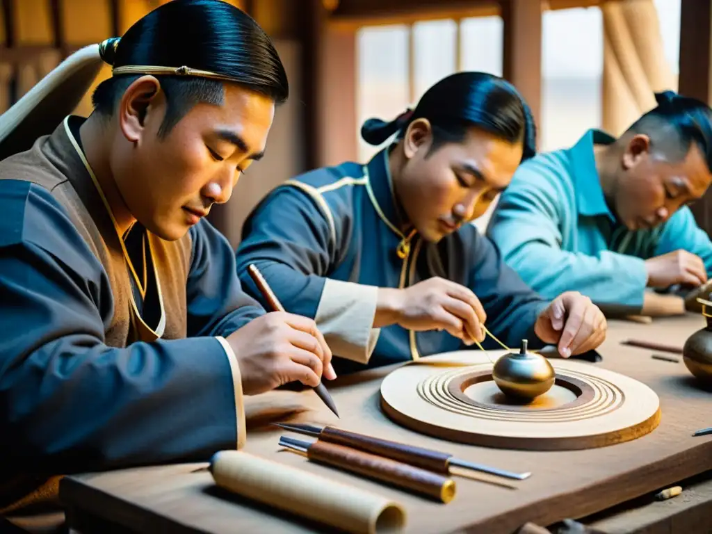 Hábiles artesanos tallan e ensamblan instrumentos musicales del Imperio Mongol en un taller iluminado por suaves lámparas