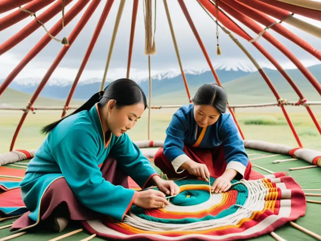 Hábiles artesanos mongolas tejiendo un yurta en las praderas, fusionando diseño moderno con artesanía tradicional