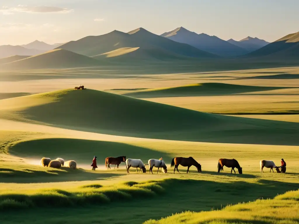 Hábiles herderos mongoles producen la bebida nacional del Imperio Mongol en las vastas praderas, bañadas por la cálida luz dorada