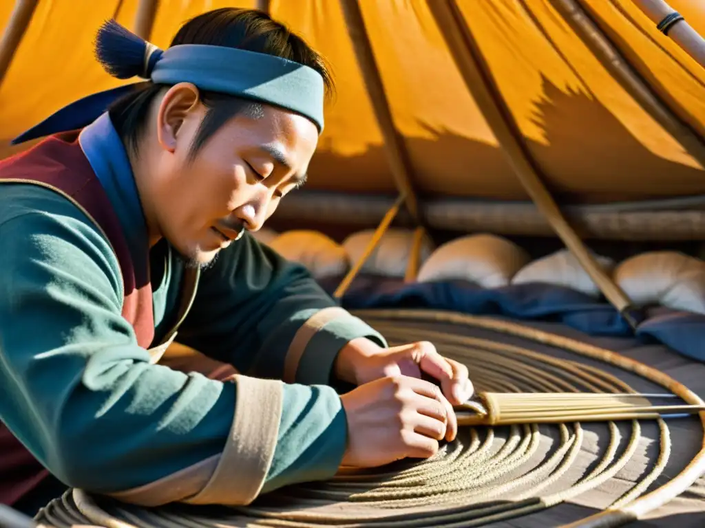 Un habilidoso artesano mongol teje con destreza una yurta tradicional, reflejando la rica herencia de las artesanías tradicionales del Imperio Mongol