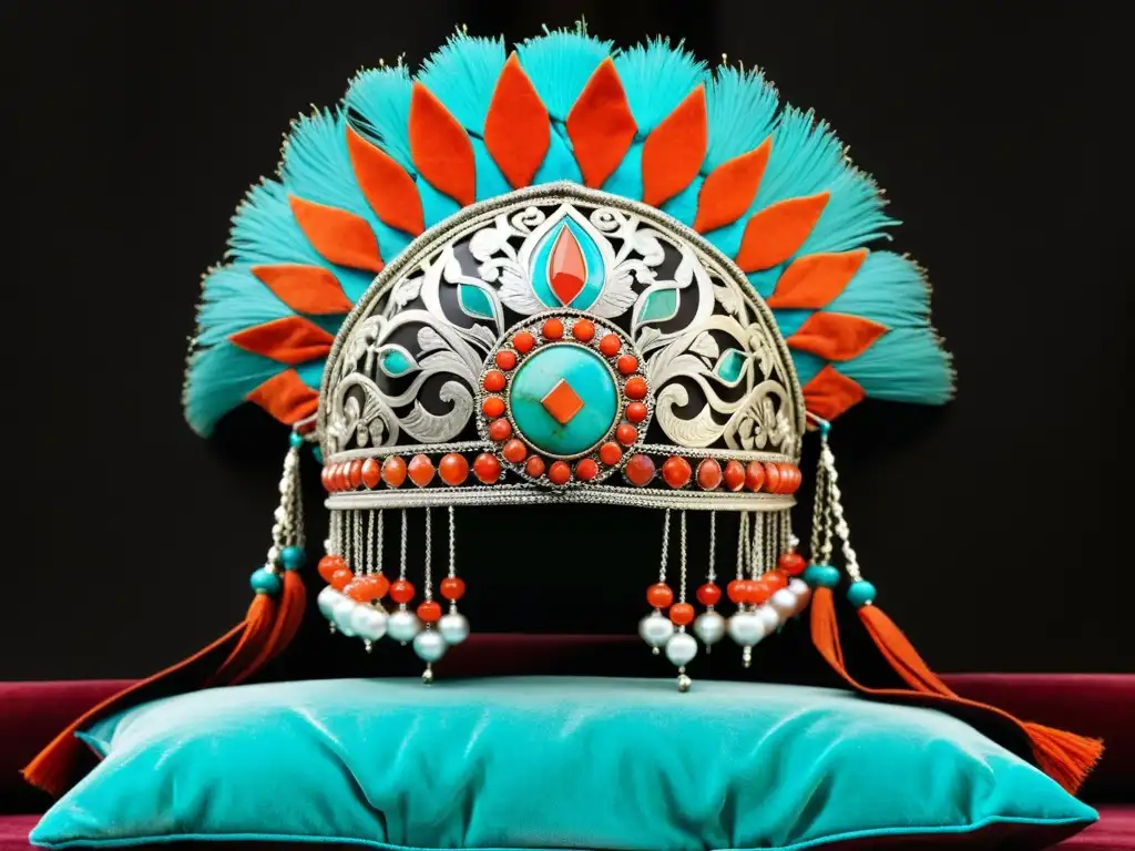 Un headdress mongol de plata adornado con piedras preciosas, descansando sobre un cojín de terciopelo contra tapices ricamente bordados