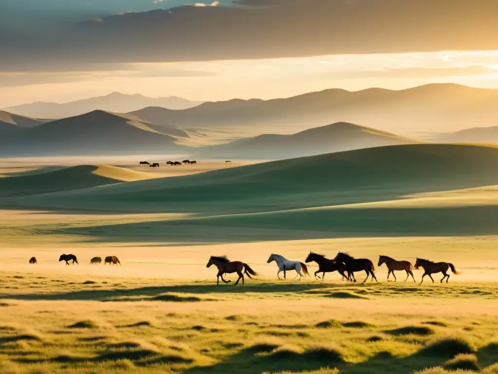 Herd of wild horses grazing peacefully on the vast Mongolian steppe, convivencia de los mongoles con especies