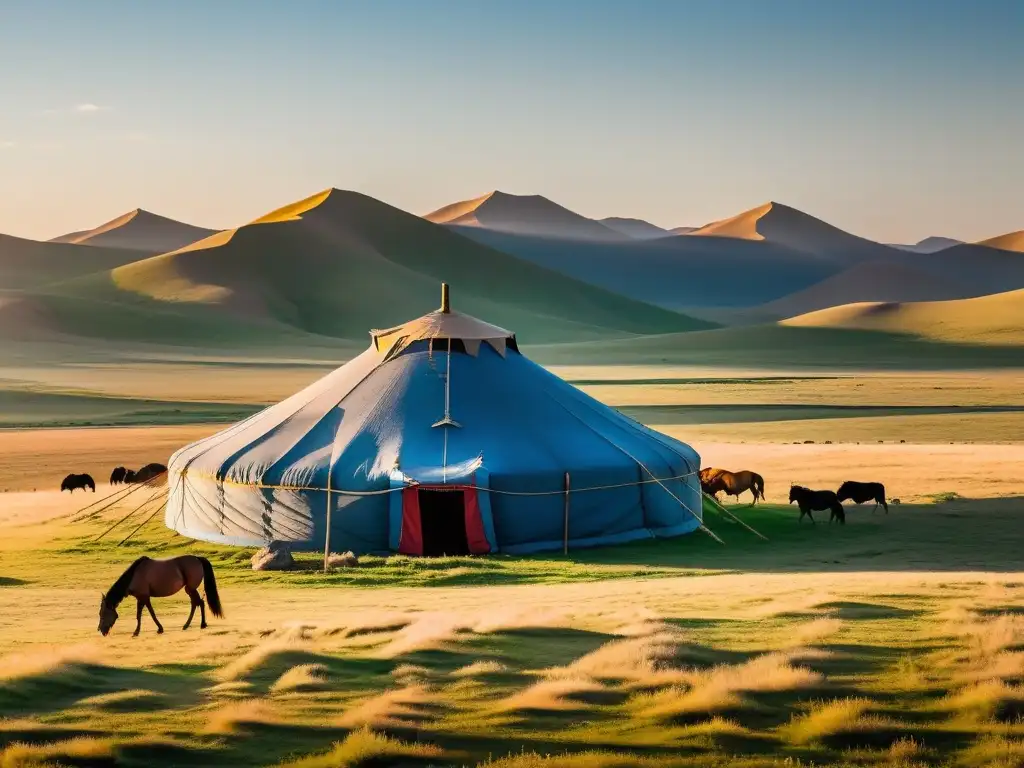 Herd of horses grazing in the Mongolian steppe at sunset, evocando el legado literario del imperio mongol