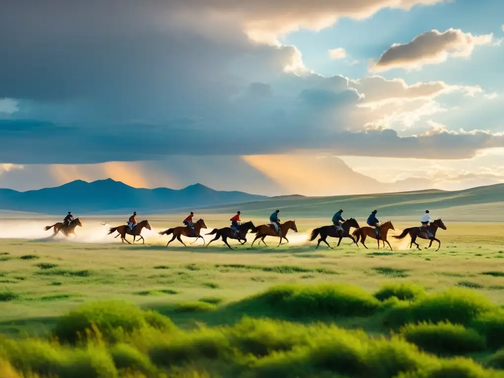 Hermosa estepa mongola con caballos salvajes galopando y pastores