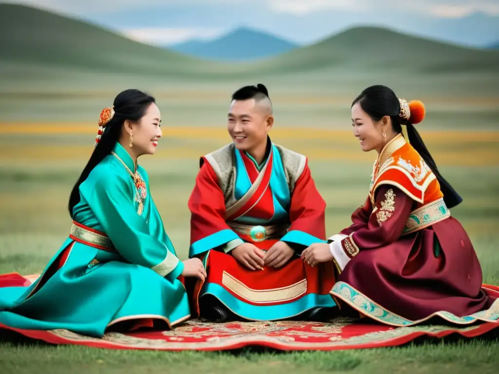 Una hermosa ceremonia de bodas tradicionales mongoles en la vasta estepa, destacando las alianzas matrimoniales del imperio mongol