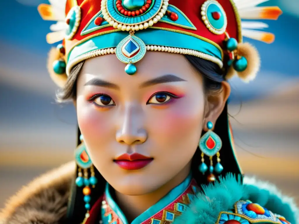 Orgulloso tocado mongol de seda y bordados Una hermosa mujer mongola luce un tocado mongol tradicional de seda colorida y detallados bordados, mostrando diseño de alta gama y orgullo cultural