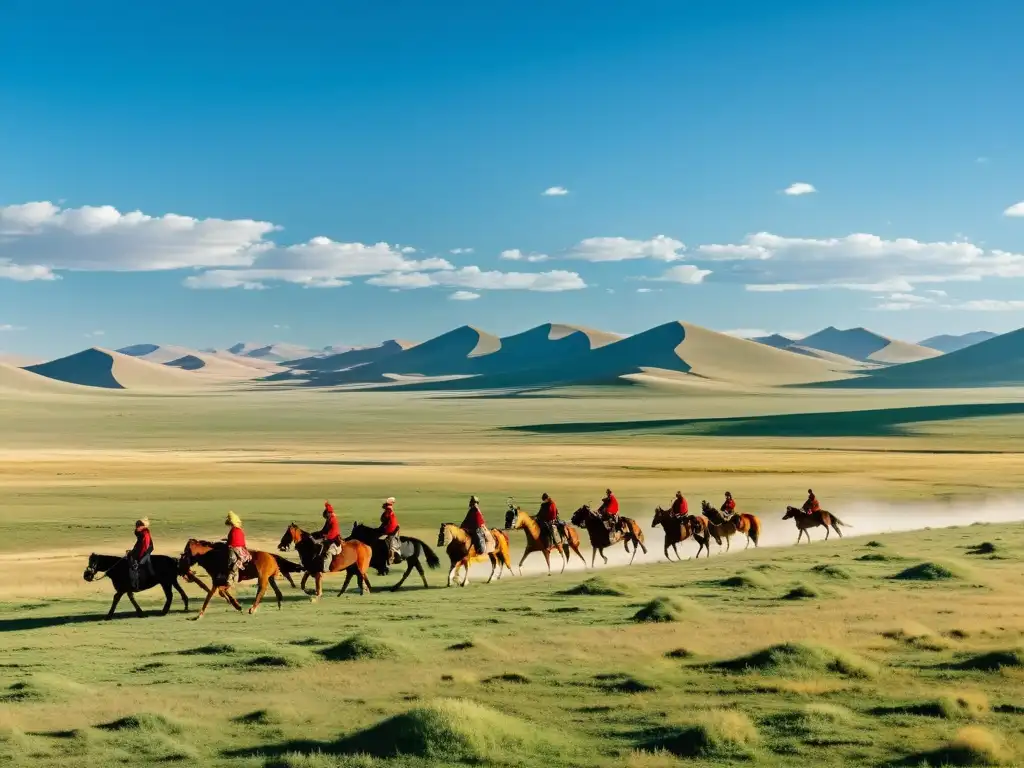 Hermosa vista de la estepa mongol con nómadas a caballo y su ganado, simbolizando la vida nómada en el Imperio Mongol