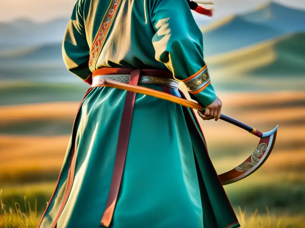 Arco mongol artesanal: detalle y belleza en las estepas Un hermoso arco tradicional mongol detallado con diseños intrincados, contra un paisaje de praderas ondulantes iluminado por la suave luz del amanecer