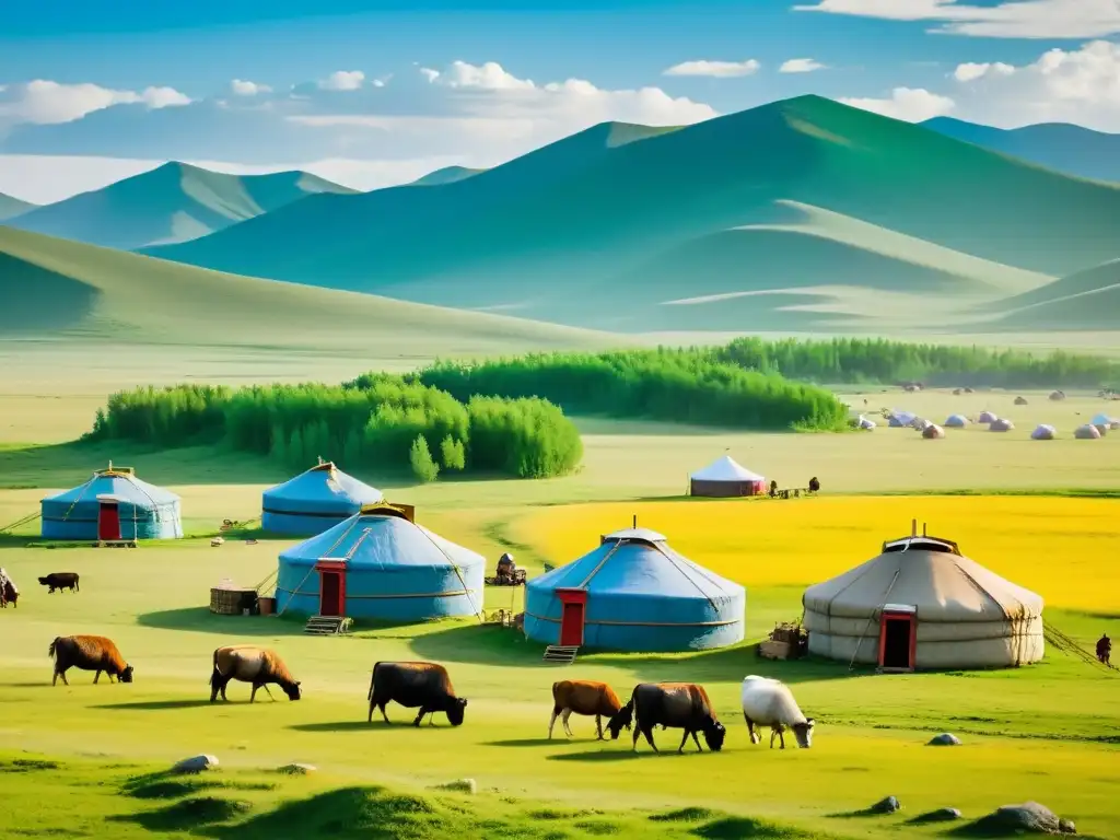 Hermoso paisaje mongol con yurtas tradicionales y almacenamiento de alimentos en Mongolia