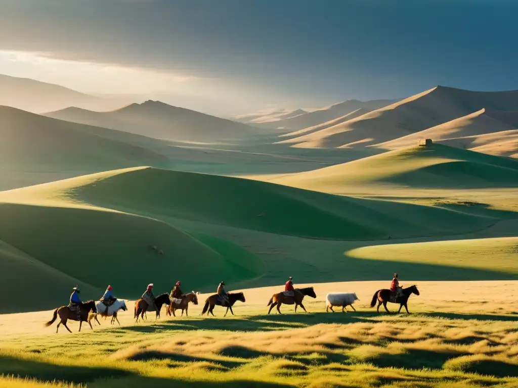 Hermoso paisaje de la estepa mongol, con pastores nómadas cuidando su ganado