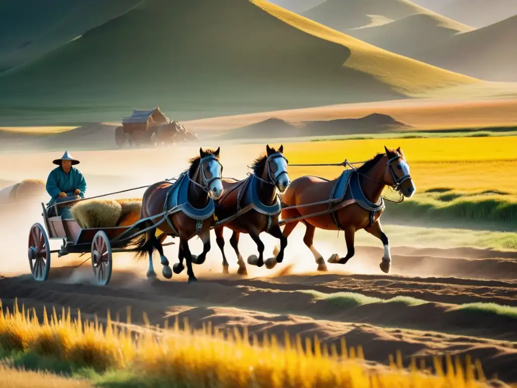 Arado tradicional mongol y caballos poderosos en acción Herramientas agrícolas ingenio mongol: Equipo de caballos tira de un arado tradicional mongol por un campo dorado, resaltado por la cálida luz solar