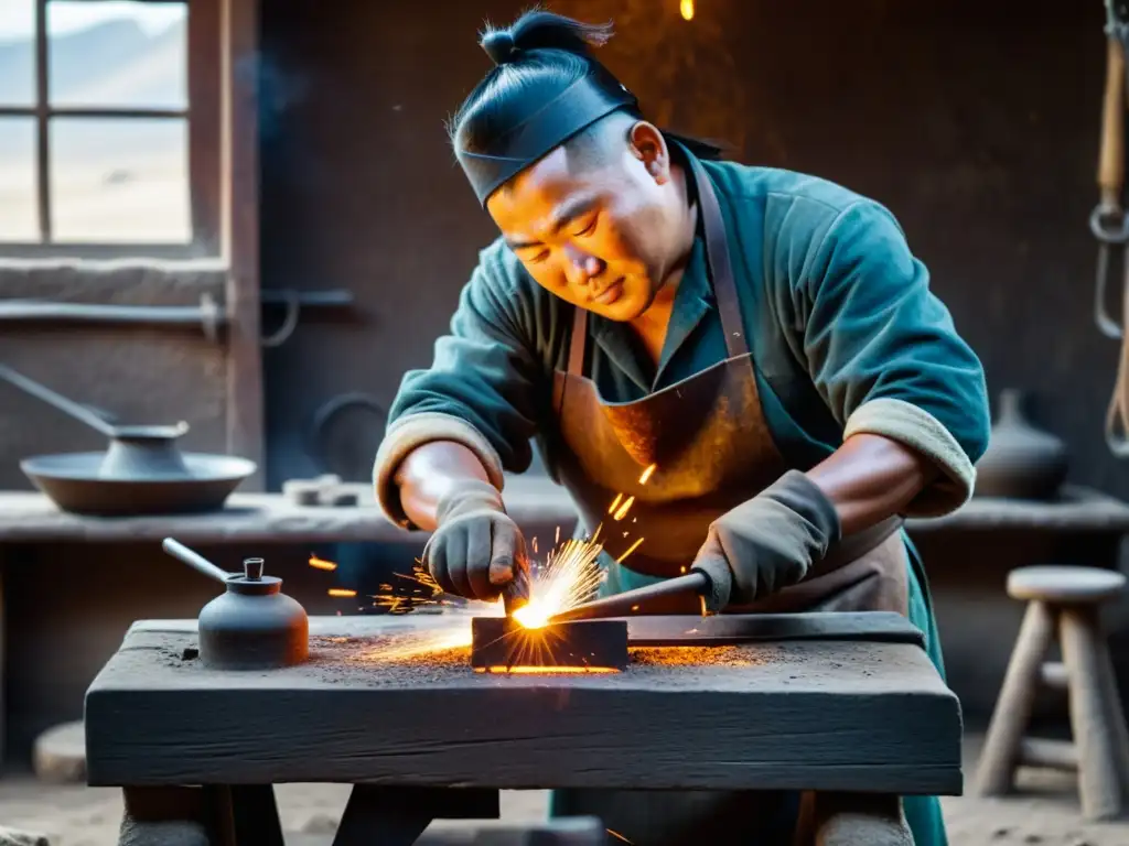 Un herrero mongol experto en arte del hierro elabora una obra en su taller tradicional, mientras chispas iluminan el espacio