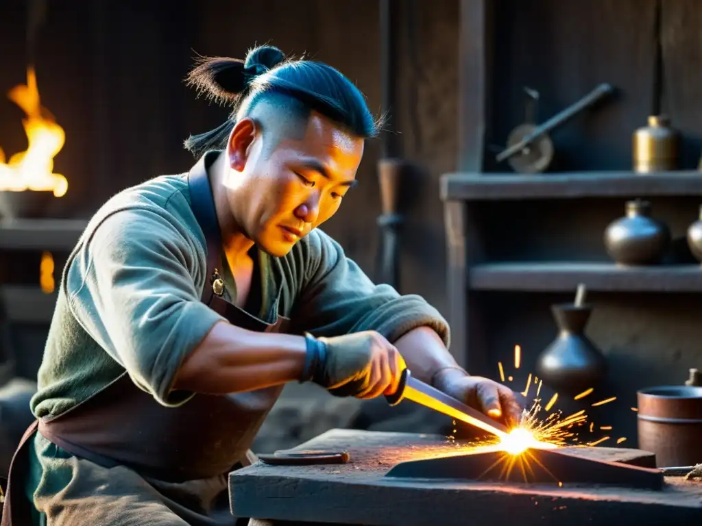 Artesanía ancestral: Forja de espada mongola cautivadora Un herrero mongol experto forja una espada tradicional en su taller, destacando los avances tecnológicos en metalurgia del Imperio Mongol