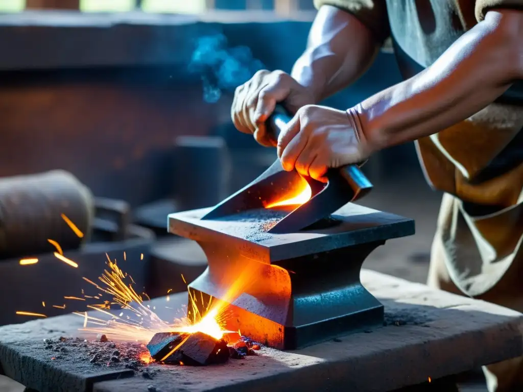 Artesanía mongola: Forja ancestral en acción Un herrero mongol martilla metal al rojo vivo en su taller, mostrando avances tecnológicos metalurgia Imperio Mongol