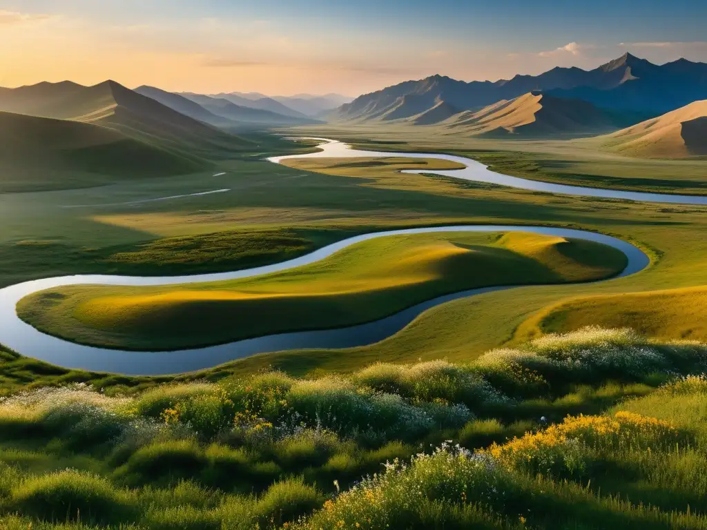 Biodiversidad estepas premongolas historia: panorámica detallada de la vasta estepa pre-mongola, con río, yurtas nómadas y cielo al atardecer