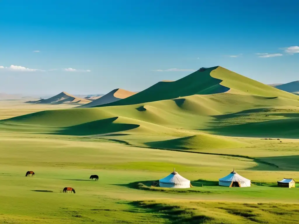 Biodiversidad estepas premongolas historia: Panorámica de la vasta estepa mongola, con colinas, pastizales y manadas de caballos salvajes