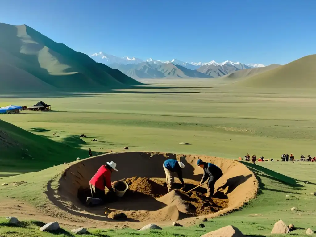 Historiadores y arqueólogos excavando en Mongolia, escena de gran misterio e importancia histórica en torno a las teorías de la muerte de Genghis Khan