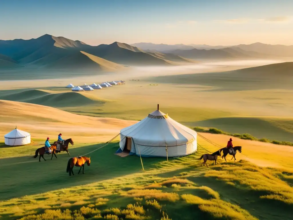 Historias olvidadas: campamento yurt en la estepa mongol, con caballos, gente nómada y paisaje montañoso al fondo al atardecer