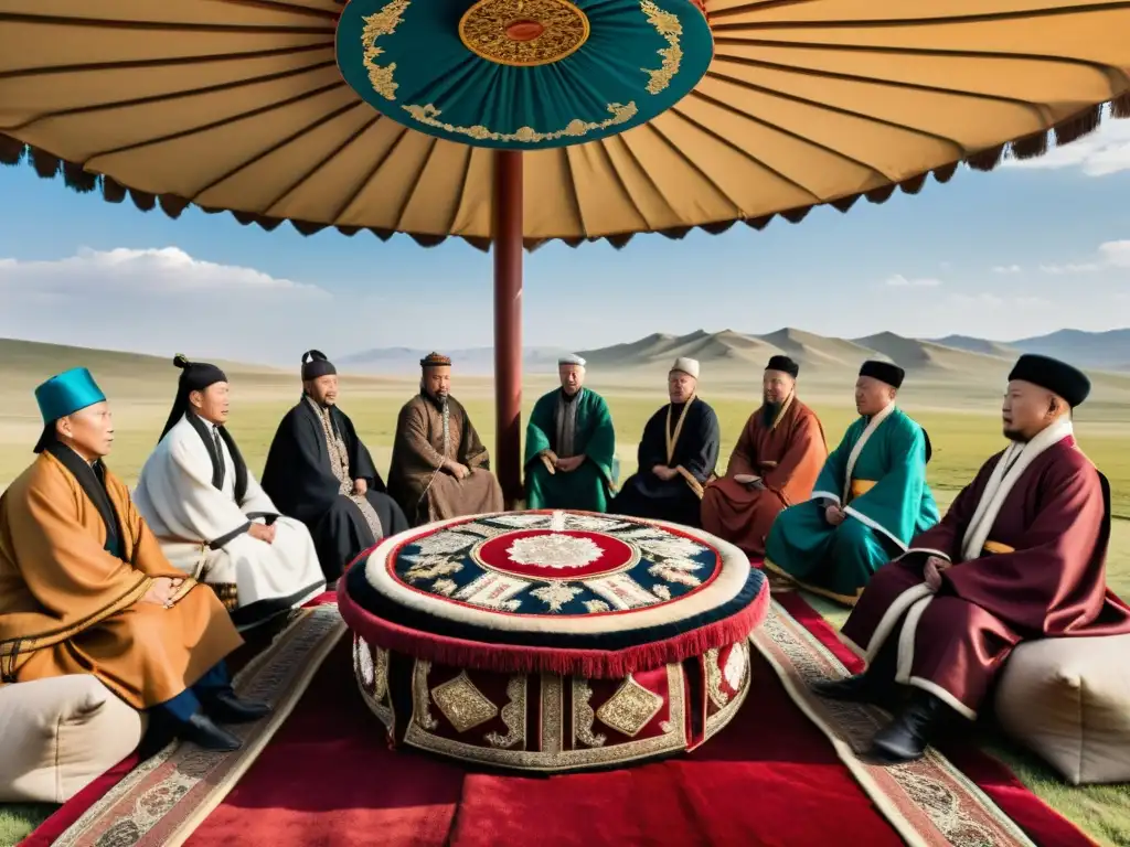 Reunión histórica entre líderes mongoles y estados islámicos en la estepa mongol, bajo el cálido atardecer