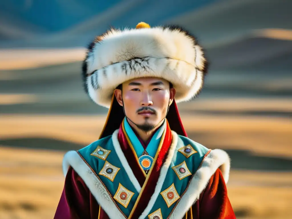 Un hombre mongol viste un deel y un sombrero khaalag de piel de zorro con colores vibrantes y patrones intrincados, en las vastas estepas de Mongolia