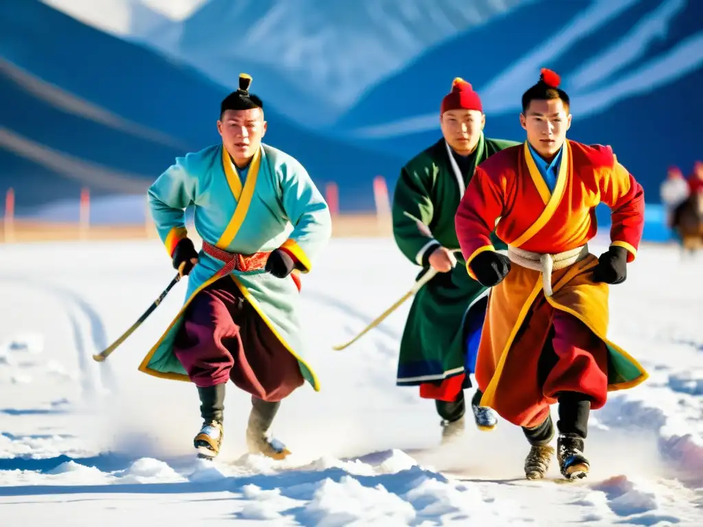 Competición de hombres mongoles en tradicional deporte invernal, con montañas nevadas de fondo