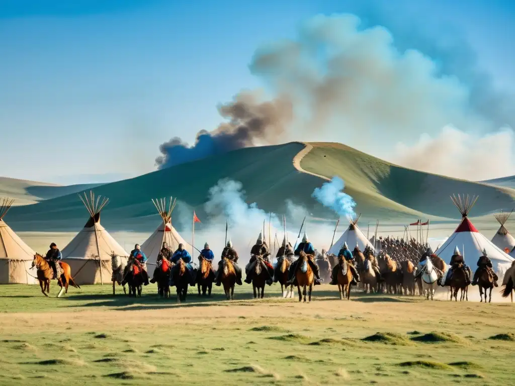 Mongol warriors on horseback in a vast grassland, surrounded by yurts and horses