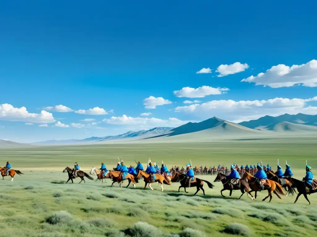 Horizonte de la estepa mongola con guerreros a caballo y tácticas de guerra mongolas adaptadas