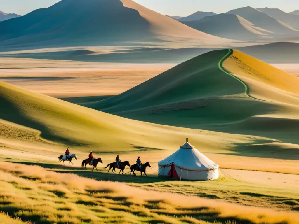 Horizonte de la estepa mongola con yurtas y jinetes a caballo, la historia del Imperio Mongol revivida en una imagen evocadora de la cultura ancestral