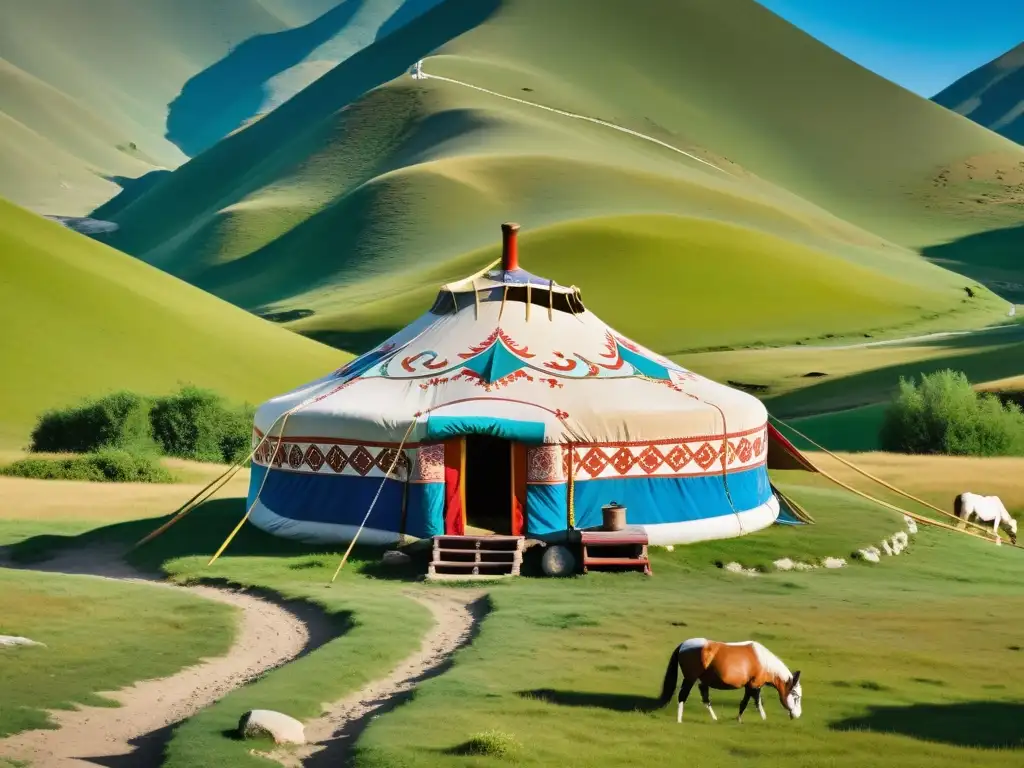 Hospedaje en Mongolia yurtas tradicionales: Imagen de una yurta mongola tradicional en un paisaje sereno de colinas verdes y cielo azul, con caballos pastando y una corriente cercana