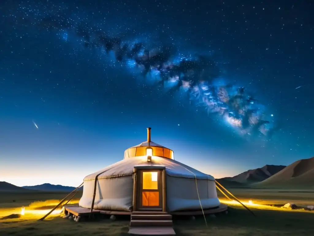 Una yurta mongola iluminada por la noche estrellada, con motivos celestiales pintados a mano